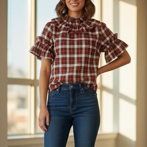 Elizabeth Wilson Plaid Ruffle Neck Sleeve Blouse Red Cream Size Medium